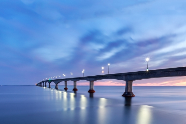 Confederation Bridge, sunset sky, ocean